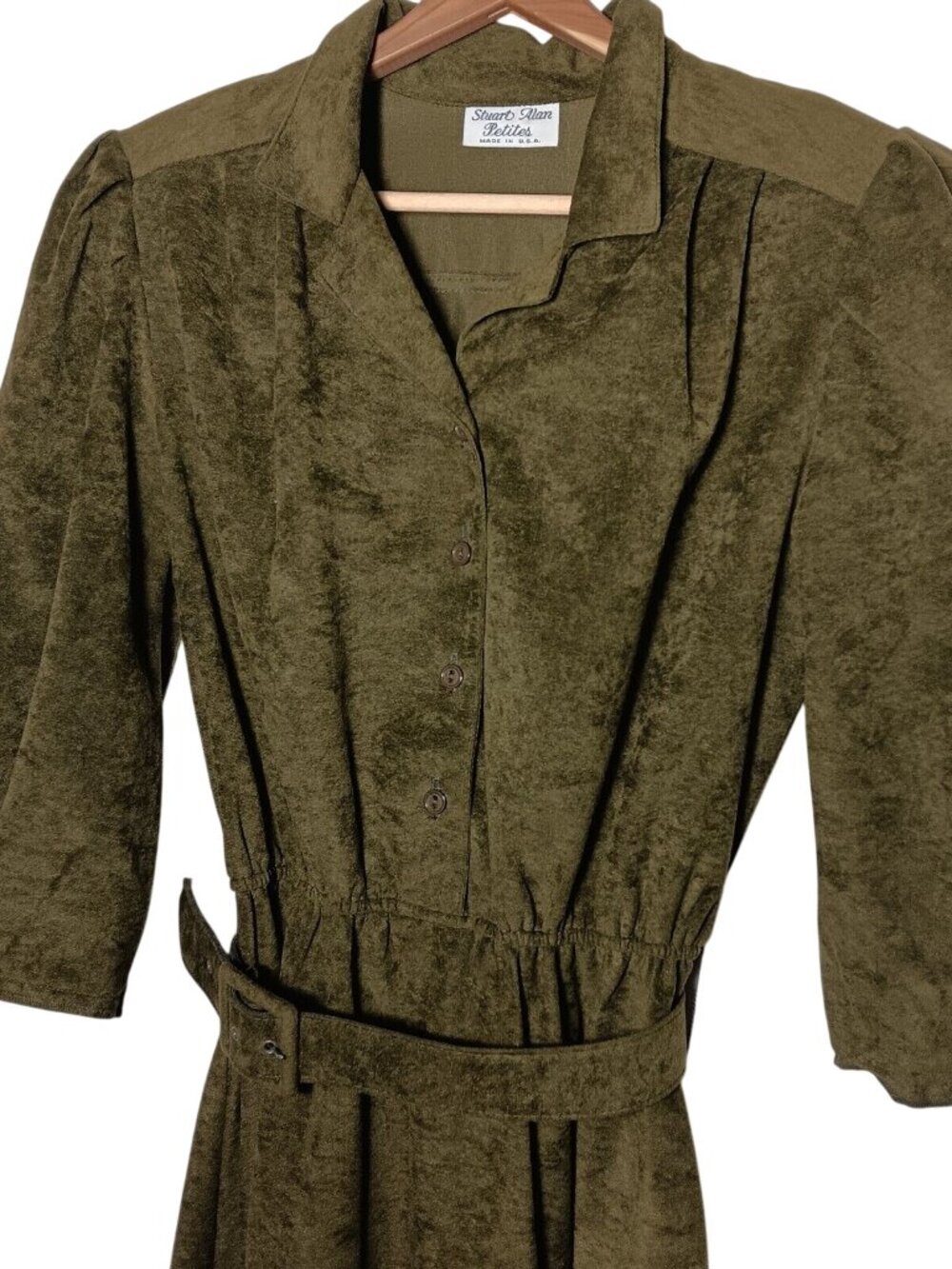 Vintage Stuart Alan Petites Dress Velour Army Green Long Sleeve Shirt Dress READ